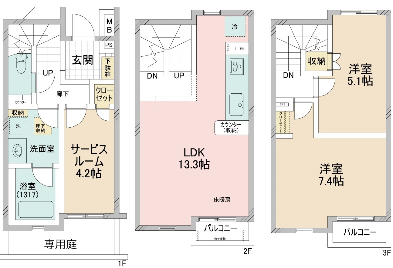 リムテラス三軒茶屋1階－3階の間取り